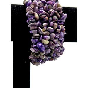 Vintage Natural Charoite Lilac Stone 1.5 inch Thick Elastic Cuff Bracelet